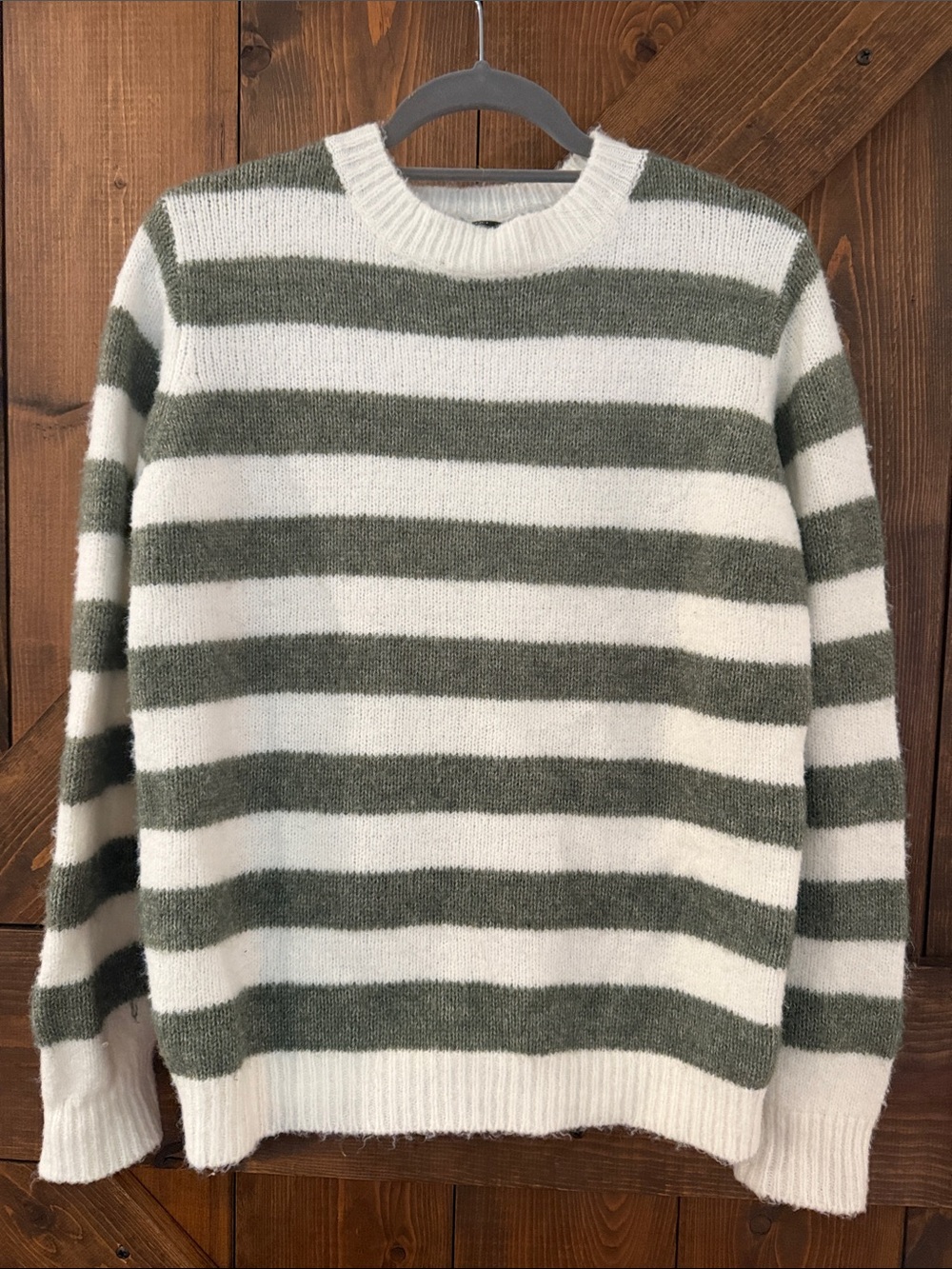 Striped Crewneck Sweater in White and Olive for Women